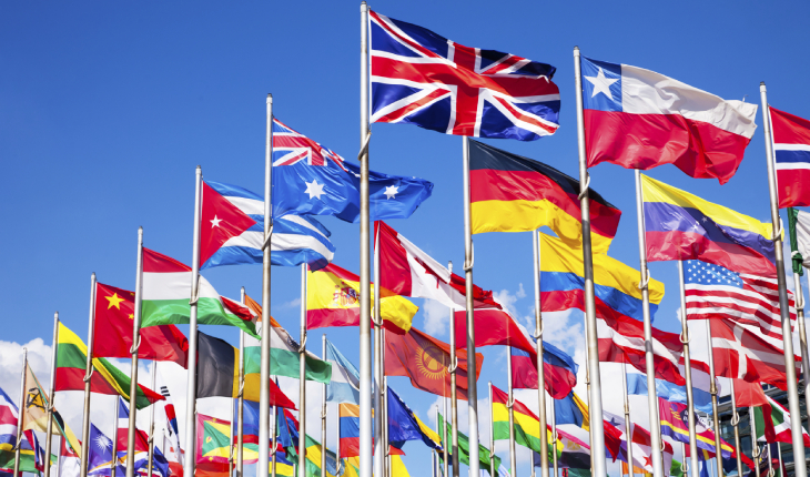 Group Of Flags Of Various Countries Raised Up In The Sky.