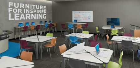 School library With Empty Seating Area In The Foreground With The Text Of Furniture For Inspired Learning Background.