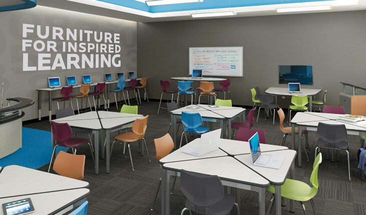 School library With Empty Seating Area In The Foreground With The Text Of Furniture For Inspired Learning Background.