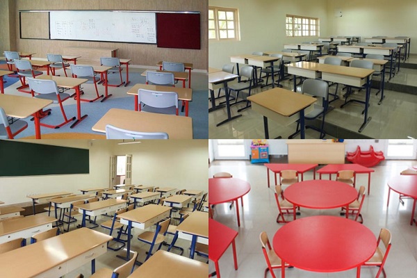 Multiple Images Of Classroom Interior With Empty Benches, Desks & Chairs.