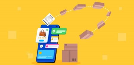 A graphical representation of ecommerce where from a phone product is chosen, gets converted into a receipt and flies as boxes out of the phone.