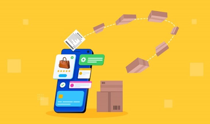 A graphical representation of ecommerce where from a phone product is chosen, gets converted into a receipt and flies as boxes out of the phone.