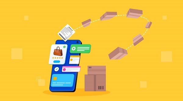 A graphical representation of ecommerce where from a phone product is chosen, gets converted into a receipt and flies as boxes out of the phone.